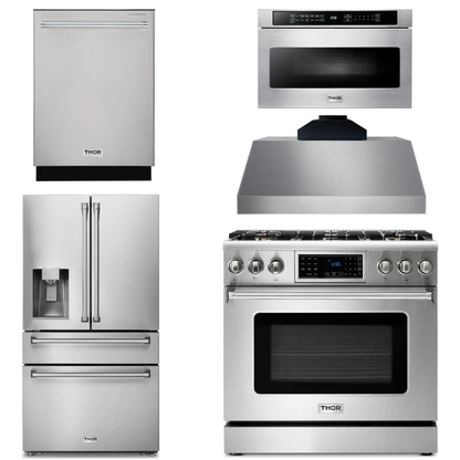 THOR Kitchen Package - 36" Gas Range, Range Hood, Microwave, Refrigerator with Water and Ice Dispenser, Dishwasher, AP-TRG3601LP-C-9