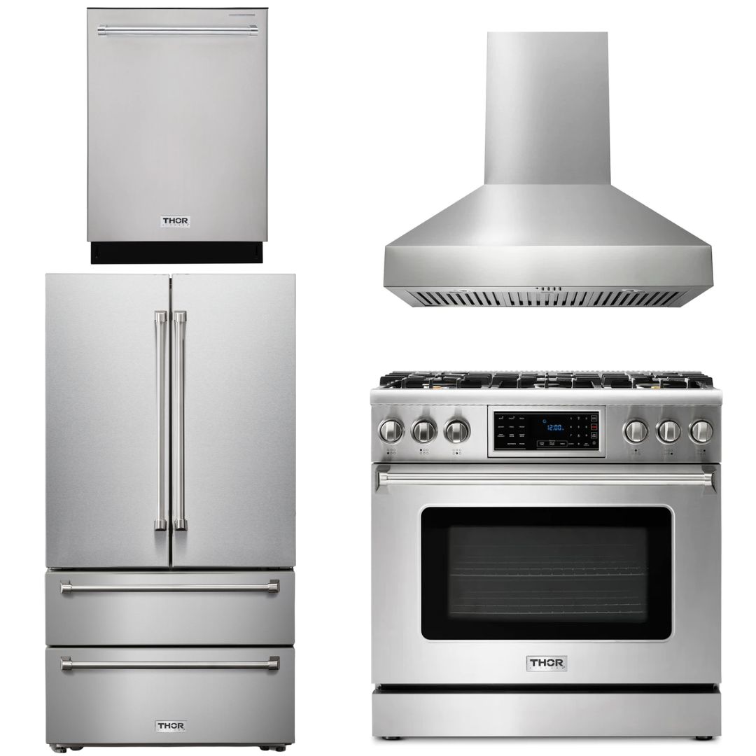 THOR Kitchen Package - 36" Gas Range, Range Hood, Refrigerator, Dishwasher, AP-TRG3601LP-W-2