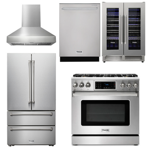 THOR Kitchen Package - 36" Gas Range, Range Hood, Refrigerator, Dishwasher, Wine Cooler, AP-TRG3601LP-W-3