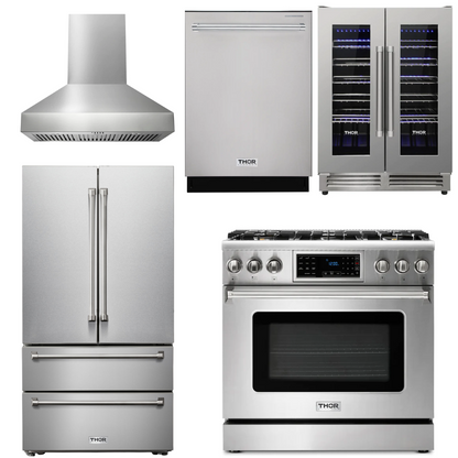 THOR Kitchen Package - 36" Gas Range, Range Hood, Refrigerator, Dishwasher, Wine Cooler, AP-TRG3601LP-W-3