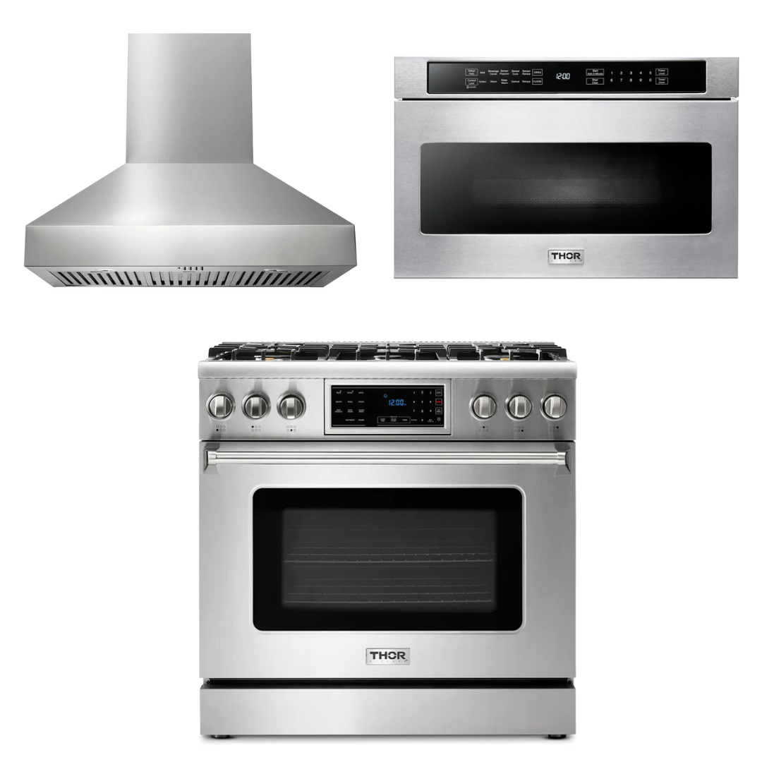 THOR Kitchen Package - 36" Gas Range, Range Hood, Microwave, AP-TRG3601LP-W-4