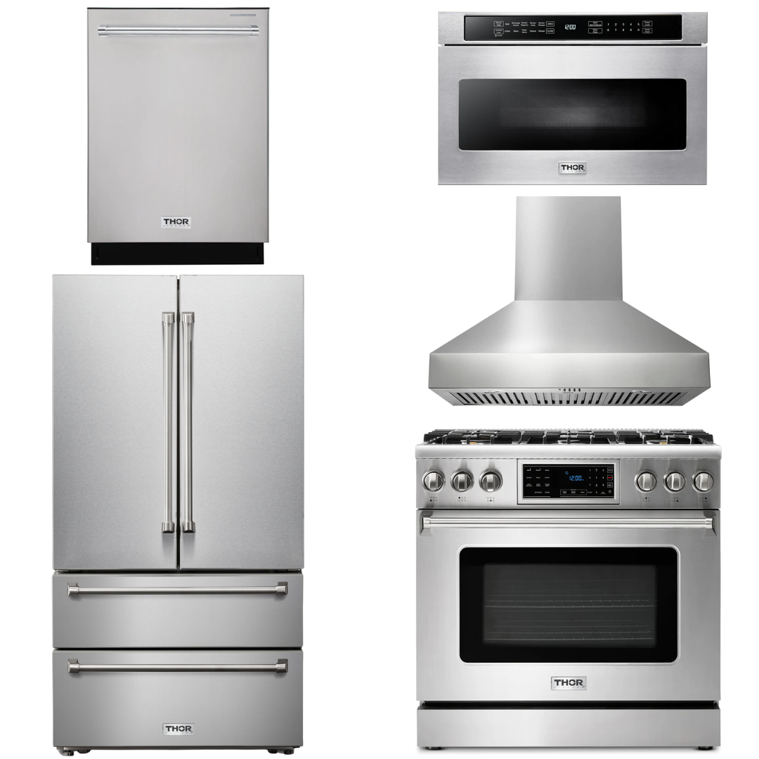 THOR Kitchen Package - 36" Gas Range, Range Hood, Microwave, Refrigerator, Dishwasher, AP-TRG3601LP-W-5