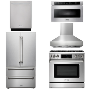 THOR Kitchen Package - 36" Gas Range, Range Hood, Microwave, Refrigerator, Dishwasher, AP-TRG3601LP-W-5