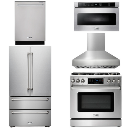 THOR Kitchen Package - 36" Gas Range, Range Hood, Microwave, Refrigerator, Dishwasher, AP-TRG3601LP-W-5