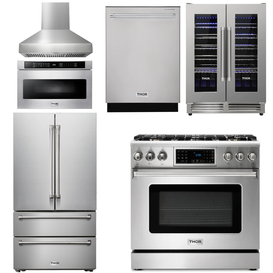 THOR Kitchen Package - 36" Gas Range, Range Hood, Microwave, Refrigerator, Dishwasher, Wine Cooler, AP-TRG3601LP-W-6