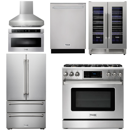 THOR Kitchen Package - 36" Gas Range, Range Hood, Microwave, Refrigerator, Dishwasher, Wine Cooler, AP-TRG3601LP-W-6