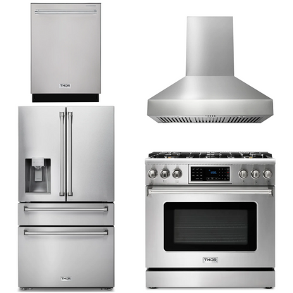 THOR Kitchen Package - 36" Gas Range, Range Hood, Refrigerator with Water and Ice Dispenser, Dishwasher, AP-TRG3601LP-W-7