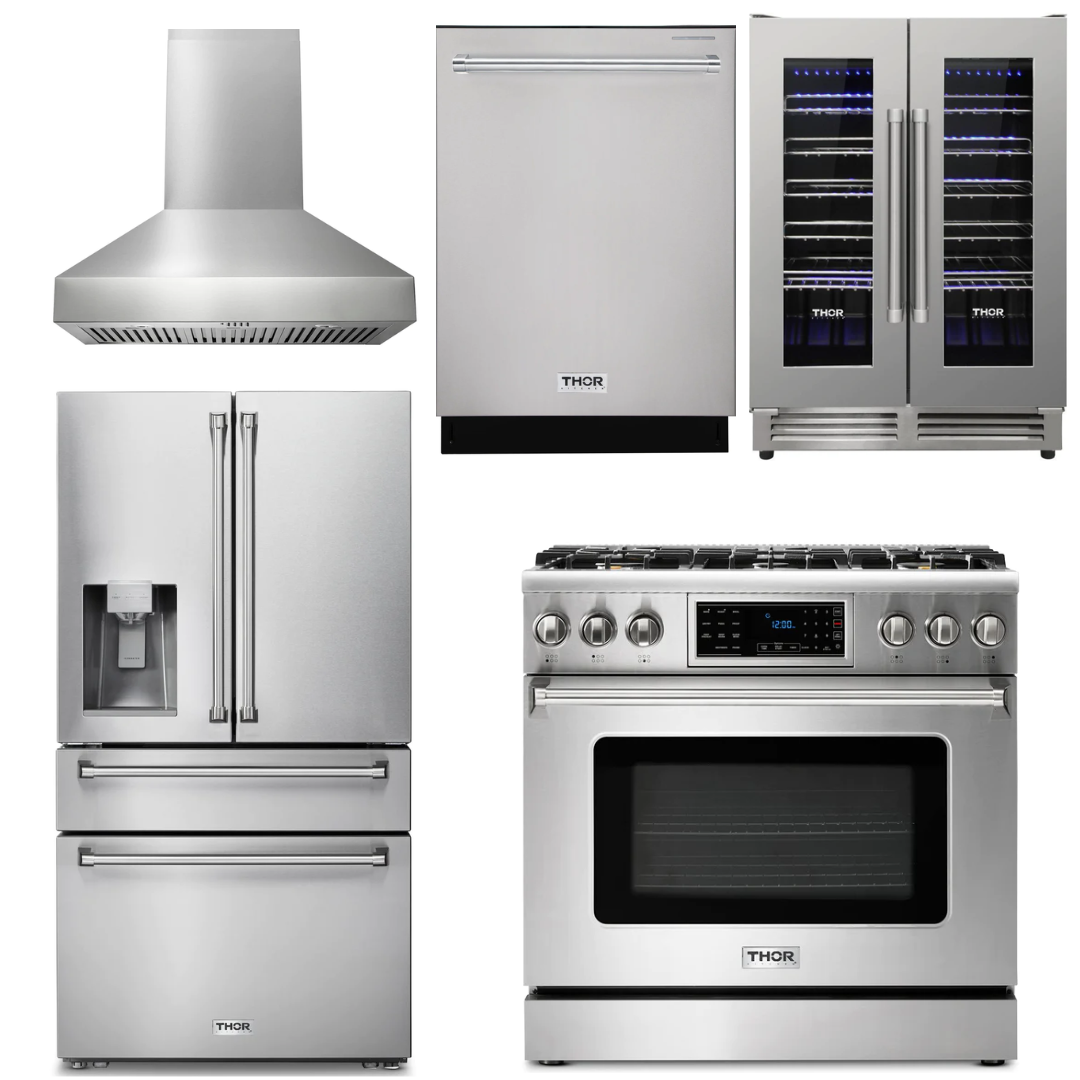 THOR Kitchen Package - 36" Gas Range, Range Hood, Refrigerator with Water and Ice Dispenser, Dishwasher, Wine Cooler, AP-TRG3601LP-W-8