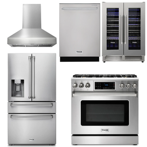 THOR Kitchen Package - 36" Gas Range, Range Hood, Refrigerator with Water and Ice Dispenser, Dishwasher, Wine Cooler, AP-TRG3601LP-W-8