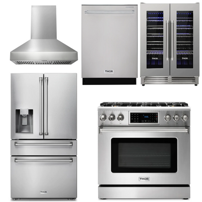 THOR Kitchen Package - 36" Gas Range, Range Hood, Refrigerator with Water and Ice Dispenser, Dishwasher, Wine Cooler, AP-TRG3601LP-W-8