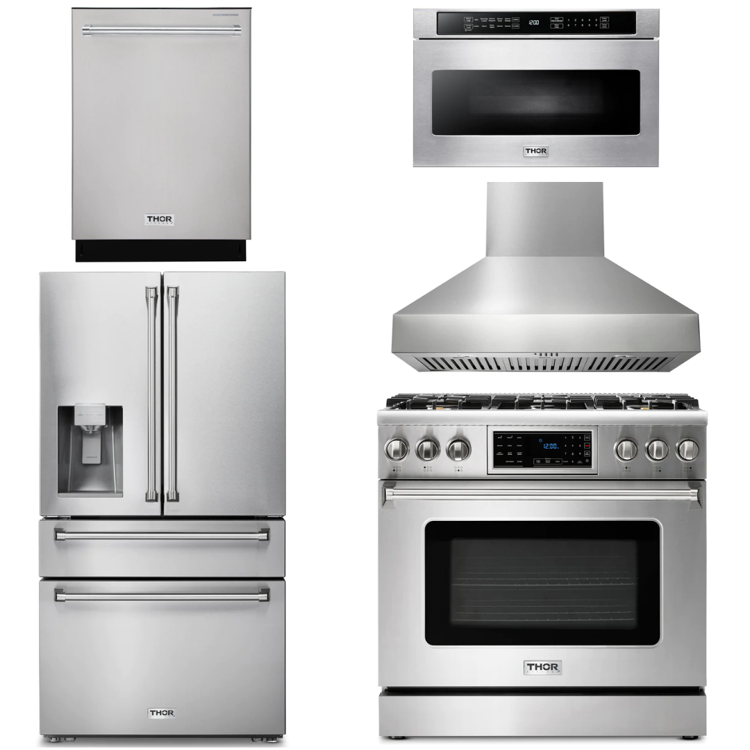 THOR Kitchen Package - 36" Gas Range, Range Hood, Microwave, Refrigerator with Water and Ice Dispenser, Dishwasher, AP-TRG3601LP-W-9