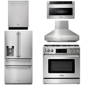 THOR Kitchen Package - 36" Gas Range, Range Hood, Microwave, Refrigerator with Water and Ice Dispenser, Dishwasher, AP-TRG3601LP-W-9