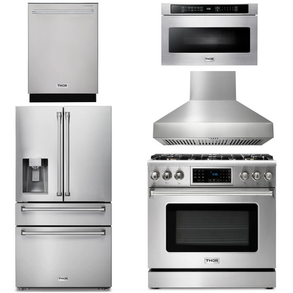THOR Kitchen Package - 36" Gas Range, Range Hood, Microwave, Refrigerator with Water and Ice Dispenser, Dishwasher, AP-TRG3601LP-W-9