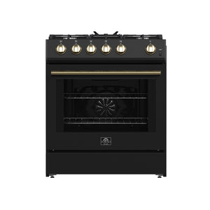 FORNO Espresso Leonardo 30" 5 cu. ft. Gas Range in Black with Antique Brass Handles, FFSGS1116-30BLK