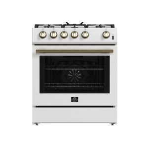 FORNO Espresso Leonardo 30" 5 cu. ft. Gas Range in White with Antique Brass Handles, FFSGS1116-30WHT