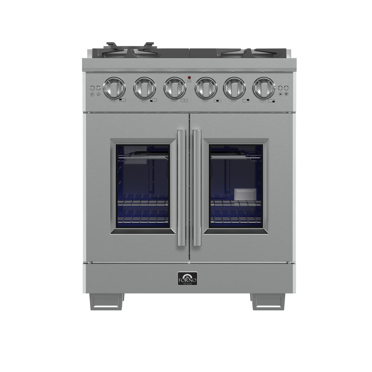 FORNO Capriasca 30" 4.32 cu. ft. French Door Gas Range with 5 Brass Burners, Air Fryer Kit, Rotisserie Kit, Wok Support & Griddle in Stainless Steel, FFSGS6460-30