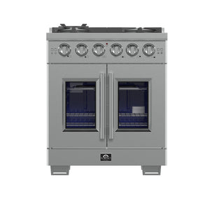 FORNO Capriasca 30" 4.32 cu. ft. French Door Gas Range with 5 Brass Burners, Air Fryer Kit, Rotisserie Kit, Wok Support & Griddle in Stainless Steel, FFSGS6460-30