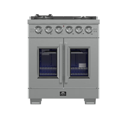 FORNO Capriasca 30" 4.32 cu. ft. French Door Gas Range with 5 Brass Burners, Air Fryer Kit, Rotisserie Kit, Wok Support & Griddle in Stainless Steel, FFSGS6460-30