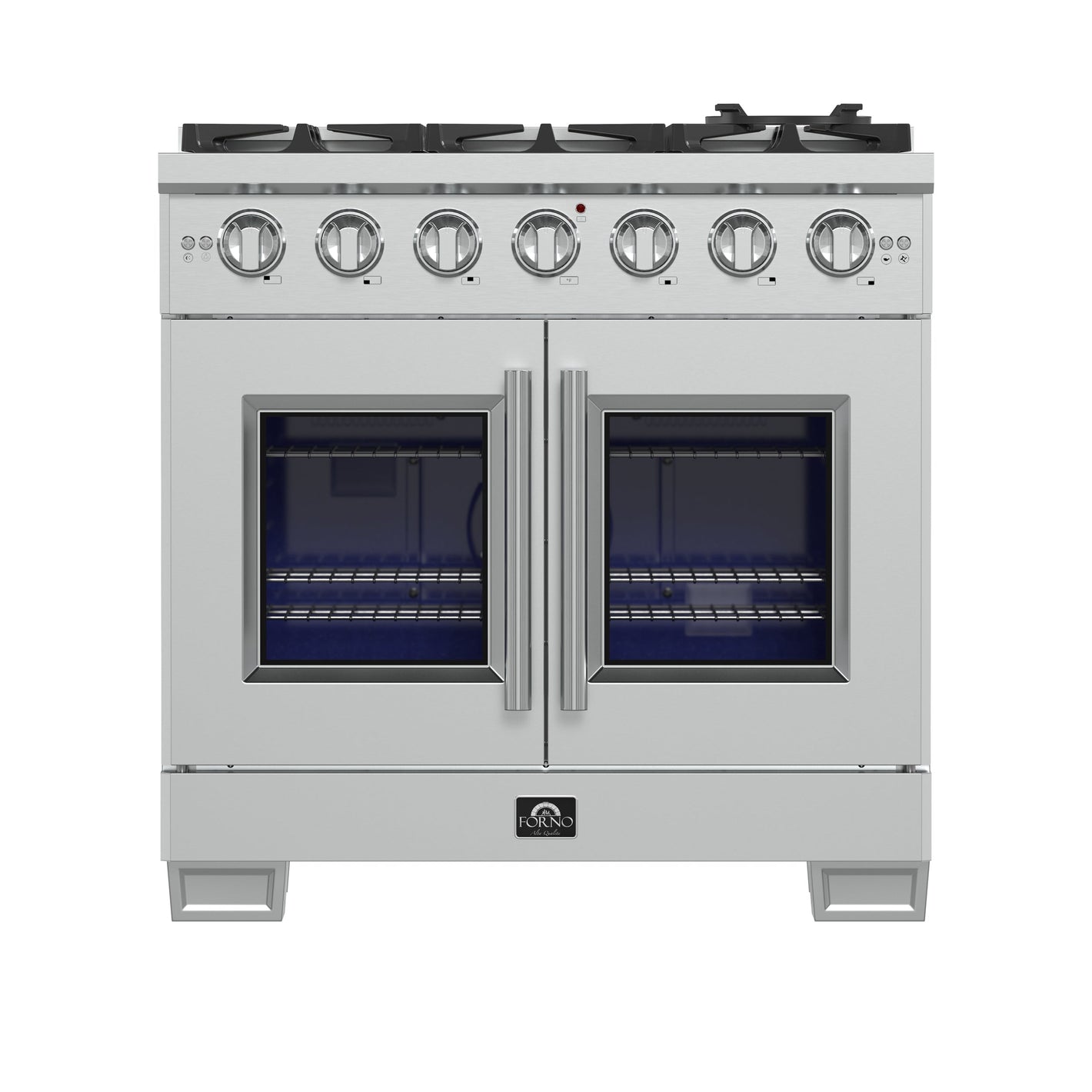 FORNO Capriasca 36" 5.36 cu. ft. French Door Gas Range with 6 Brass Burners, Air Fryer Kit, Rotisserie Kit, Wok Support & Griddle in Stainless Steel, FFSGS6460-36