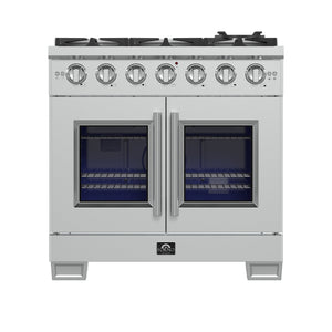 FORNO Capriasca 36" 5.36 cu. ft. French Door Gas Range with 6 Brass Burners, Air Fryer Kit, Rotisserie Kit, Wok Support & Griddle in Stainless Steel, FFSGS6460-36