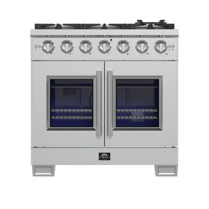 FORNO Capriasca 36" 5.36 cu. ft. French Door Gas Range with 6 Brass Burners, Air Fryer Kit, Rotisserie Kit, Wok Support & Griddle in Stainless Steel, FFSGS6460-36