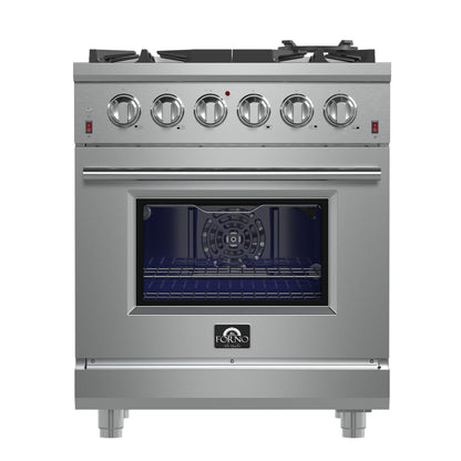 FORNO Massimo 30″ 4.32 cu. ft. Freestanding Gas Range with 5 Sealed Burners, Air Fryer Kit, Wok Support & Griddle in Stainless Steel , FFSGS6239-30