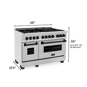 ZLINE Autograph 48" 6.0 cu. ft. Legacy Dual Fuel Range with 7 Burner Gas Cooktop and 2 Electric Ovens in Satin Stainless Steel and Matte Black Accents, RASZ-SN-48-MB