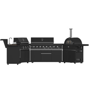 FORNO All’Aperto Outdoor Kitchen - 99,600 BTU BBQ with 5 Stainless-Steel Burners, Infrared Burners & Side Burner, 36,000 BTU Plancha, 19,000 BTU Gas Pizza Oven, Sink & Bar Module with Black Sintered Stone Countertops