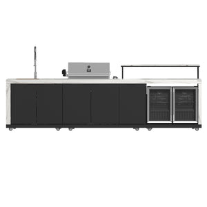 Forno Rimini Outdoor Kitchen - 30" BBQ, 62,600 BTU, 3 Burners with Sear & Rotisserie, 4.8 cu.ft. Beverage Center, Stainless Steel Double Sink, Black Cabinets & White Sintered Stone Countertops