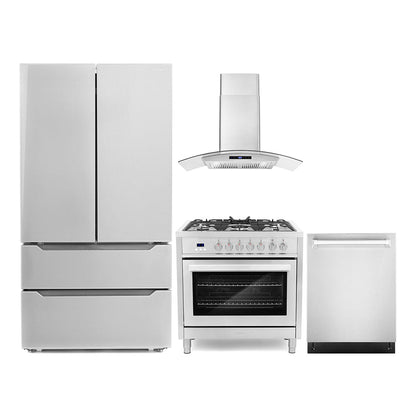 Cosmo Package - 36" Dual Fuel Range, Wall Mount Range Hood, Refrigerator with Ice Maker and Dishwasher, COS-4PKG-080