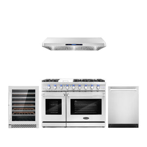 Cosmo Package - 48" Gas Range, Under Cabinet Range Hood, Dishwasher and Wine Cooler, COS-4PKG-123