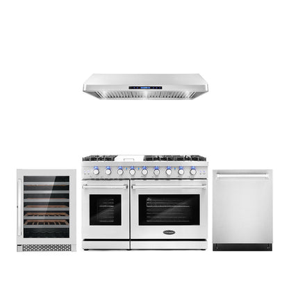 Cosmo Package - 48" Gas Range, Under Cabinet Range Hood, Dishwasher and Wine Cooler, COS-4PKG-123