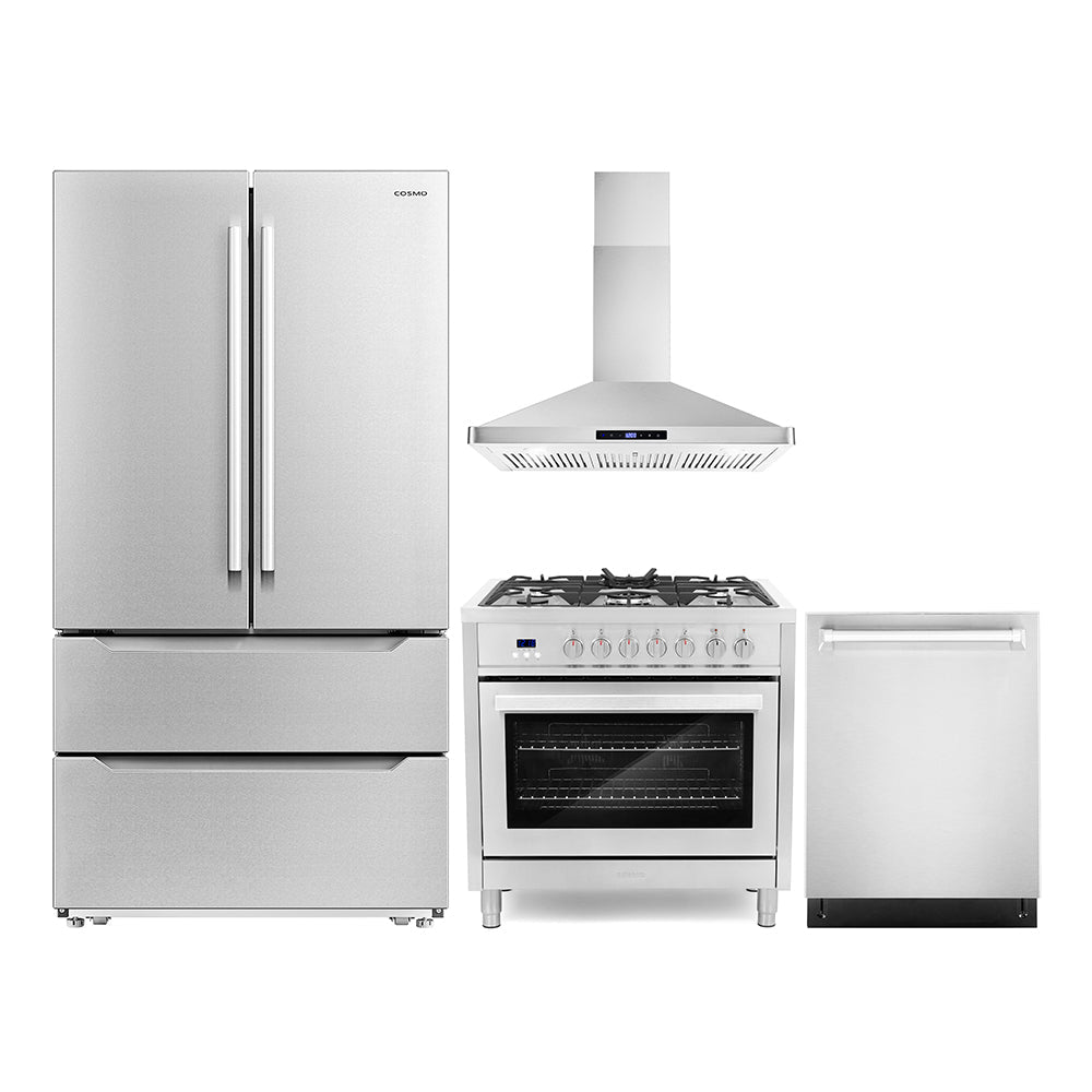 Cosmo Package - 36" Dual Fuel Range, Wall Mount Range Hood, Refrigerator with Ice Maker and Dishwasher, COS-4PKG-223