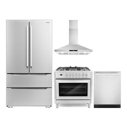 Cosmo Package - 36" Dual Fuel Range, Wall Mount Range Hood, Refrigerator with Ice Maker and Dishwasher, COS-4PKG-223