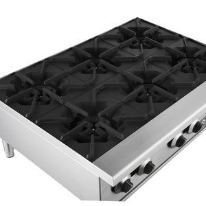 FORNO Commercial 36" Gas Hot Plate, 6 Burners (150,000 BTU) with Cast Iron Grates and 430 Stainless Steel Body, FCMHP0079-36