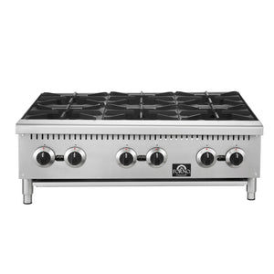 FORNO Commercial 36" Gas Hot Plate, 6 Burners (150,000 BTU) with Cast Iron Grates and 430 Stainless Steel Body, FCMHP0079-36