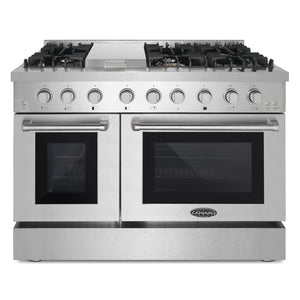 Cosmo Lumin 48" Coll 6.7 cu. ft. Double Oven Dual Fuel Range, 6 Burners, Convection Oven and Griddle in Stainless Steel, COS-DFRL486GK