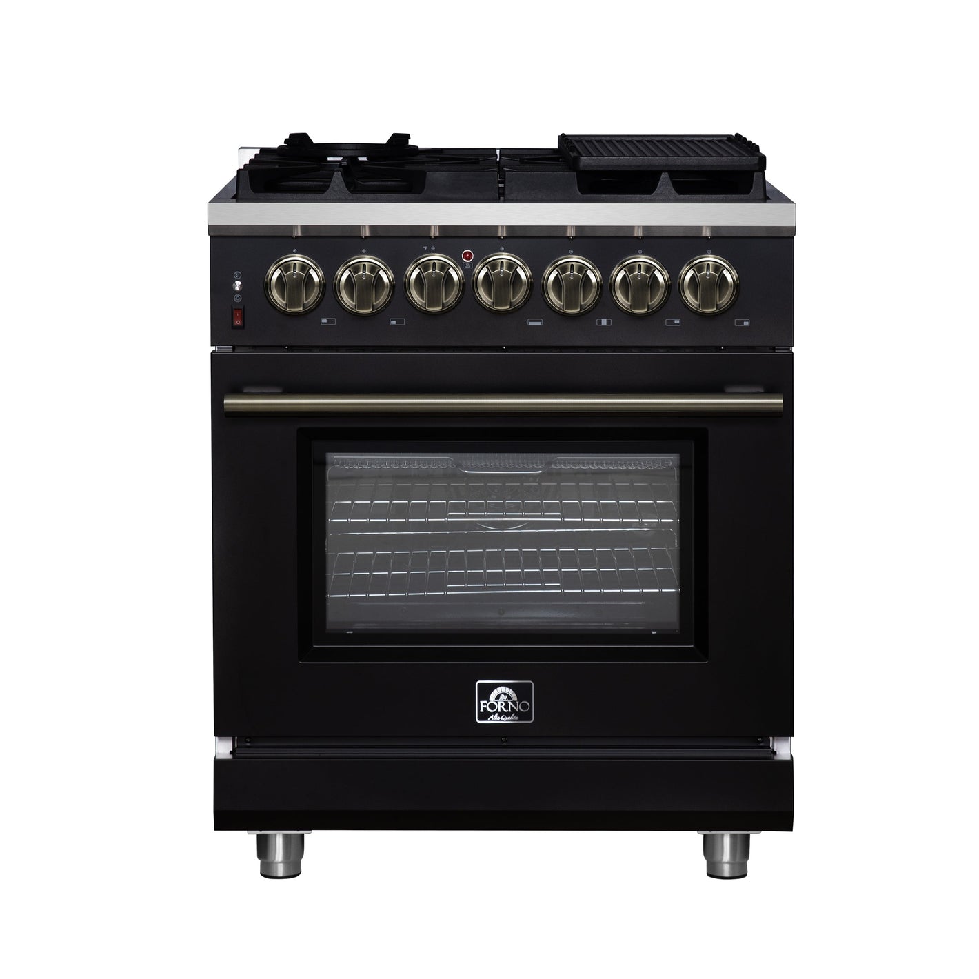 FORNO Massimo 30" 4.32 cu. ft. Freestanding Dual Fuel Range with 5 Sealed Burners, Air Fryer Kit, Wok Support & Griddle in Black with Antique Brass Accents, FFSGS6125-30BLK