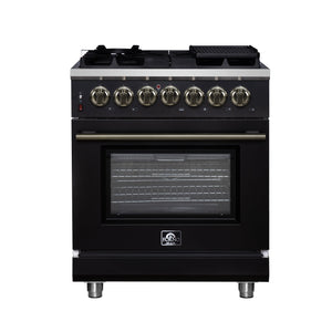 FORNO Massimo 30" 4.32 cu. ft. Freestanding Dual Fuel Range with 5 Sealed Burners, Air Fryer Kit, Wok Support & Griddle in Black with Antique Brass Accents, FFSGS6125-30BLK