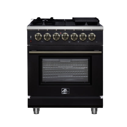 FORNO Massimo 30" 4.32 cu. ft. Freestanding Dual Fuel Range with 5 Sealed Burners, Air Fryer Kit, Wok Support & Griddle in Black with Antique Brass Accents, FFSGS6125-30BLK
