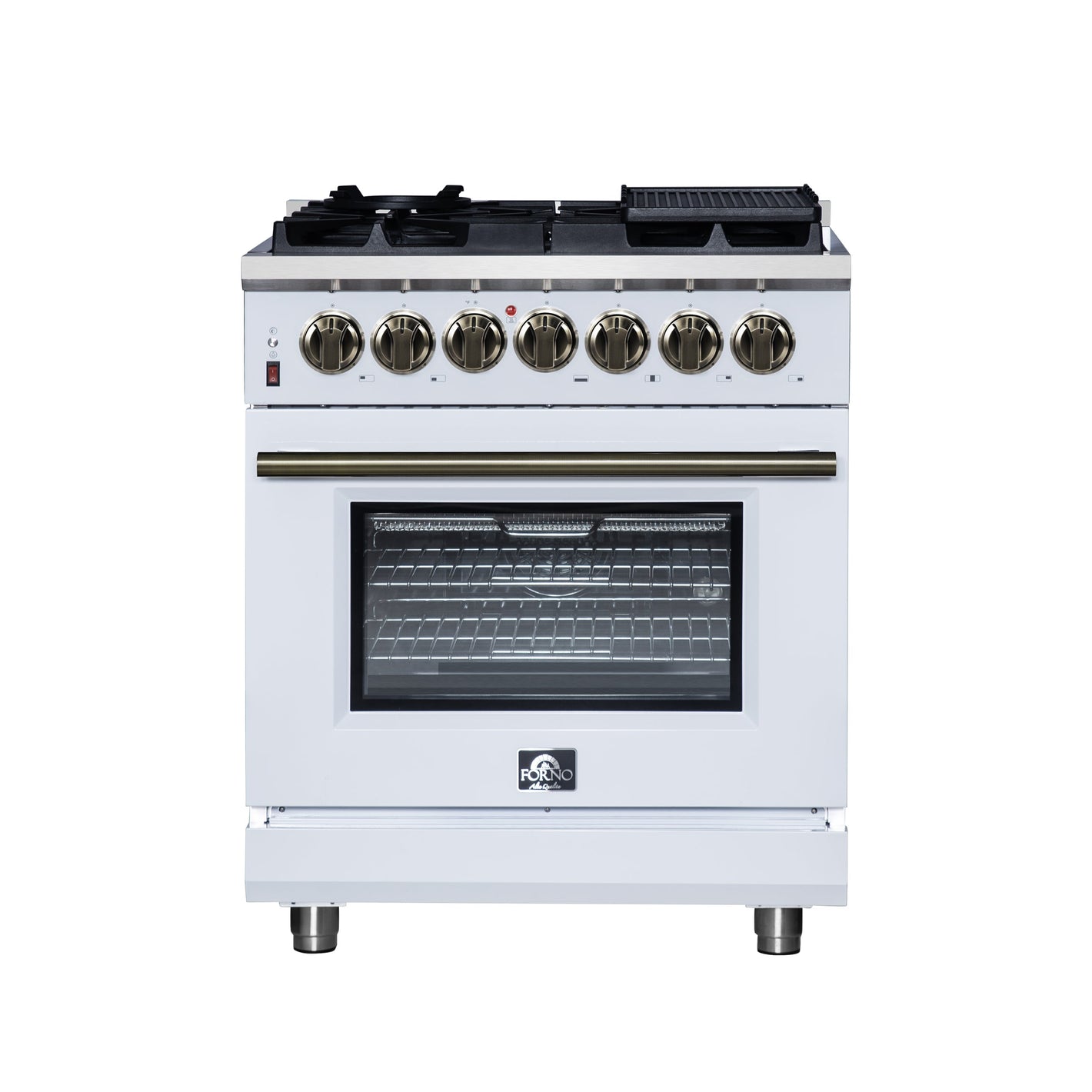 FORNO Massimo 30" 4.32 cu. ft. Freestanding Dual Fuel Range with 5 Sealed Burners, Air Fryer Kit, Wok Support & Griddle in White with Antique Brass Accents, FFSGS6125-30WHT