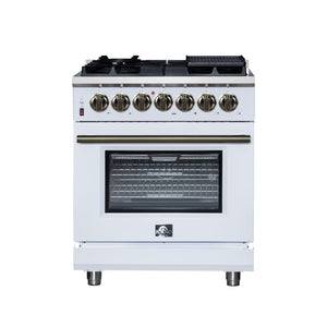 FORNO Massimo 30" 4.32 cu. ft. Freestanding Dual Fuel Range with 5 Sealed Burners, Air Fryer Kit, Wok Support & Griddle in White with Antique Brass Accents, FFSGS6125-30WHT