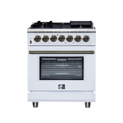 FORNO Massimo 30" 4.32 cu. ft. Freestanding Dual Fuel Range with 5 Sealed Burners, Air Fryer Kit, Wok Support & Griddle in White with Antique Brass Accents, FFSGS6125-30WHT