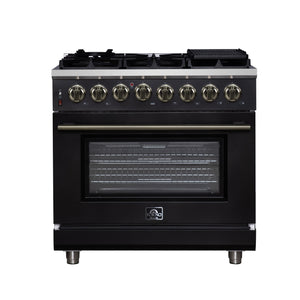 FORNO Massimo 36" 5.36 cu. ft. Freestanding Dual Fuel Range with 6 Sealed Burners, Air Fryer Kit, Wok Support & Griddle in White with Antique Brass Accents, FFSGS6125-36BLK