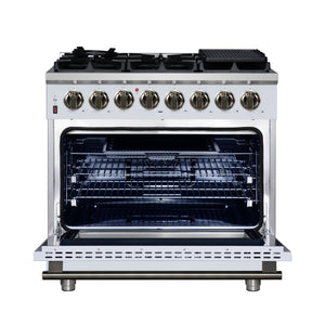 FORNO Massimo 36" 5.36 cu. ft. Freestanding Dual Fuel Range with 6 Sealed Burners, Air Fryer Kit, Wok Support & Griddle in Black with Antique Brass Accents, FFSGS6125-36WHT