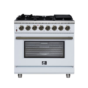 FORNO Massimo 36" 5.36 cu. ft. Freestanding Dual Fuel Range with 6 Sealed Burners, Air Fryer Kit, Wok Support & Griddle in Black with Antique Brass Accents, FFSGS6125-36WHT