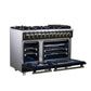 FORNO Massimo 48" 6.58 cu. ft. Freestanding Dual Fuel Range with 8 Sealed Burners, Air Fryer Kit, Wok Support & Griddle in Black with Antique Brass Accents, FFSGS6125-48BLK