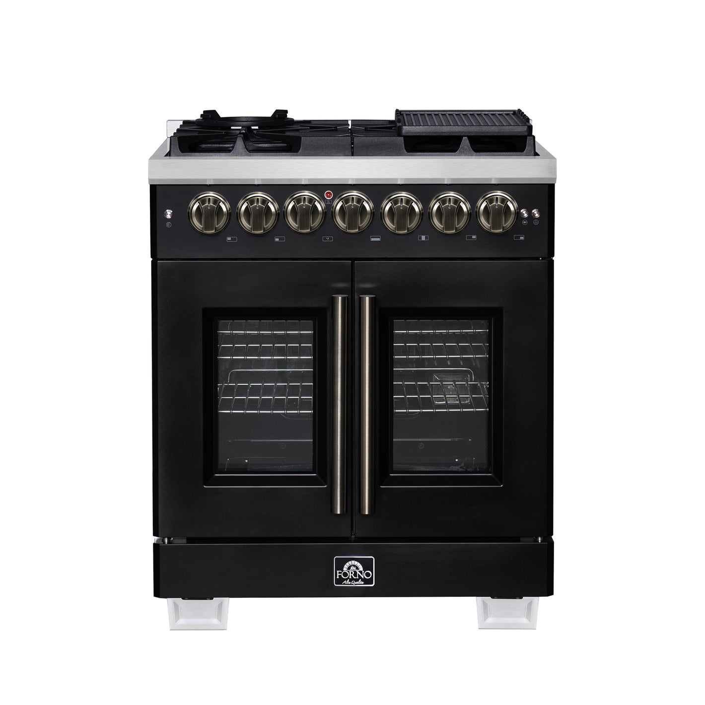 FORNO Capriasca 30" 4.32 cu. ft. French Door Dual Fuel Range with 5 Brass Burners, Air Fryer Kit, Rotisserie Kit, Wok Support & Griddle in Black with Antique Brass Accents, FFSGS6387-30BLK