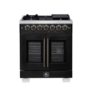 FORNO Capriasca 30" 4.32 cu. ft. French Door Dual Fuel Range with 5 Brass Burners, Air Fryer Kit, Rotisserie Kit, Wok Support & Griddle in Black with Antique Brass Accents, FFSGS6387-30BLK