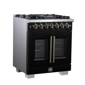 FORNO Capriasca 30" 4.32 cu. ft. French Door Dual Fuel Range with 5 Brass Burners, Air Fryer Kit, Rotisserie Kit, Wok Support & Griddle in Black with Antique Brass Accents, FFSGS6387-30BLK